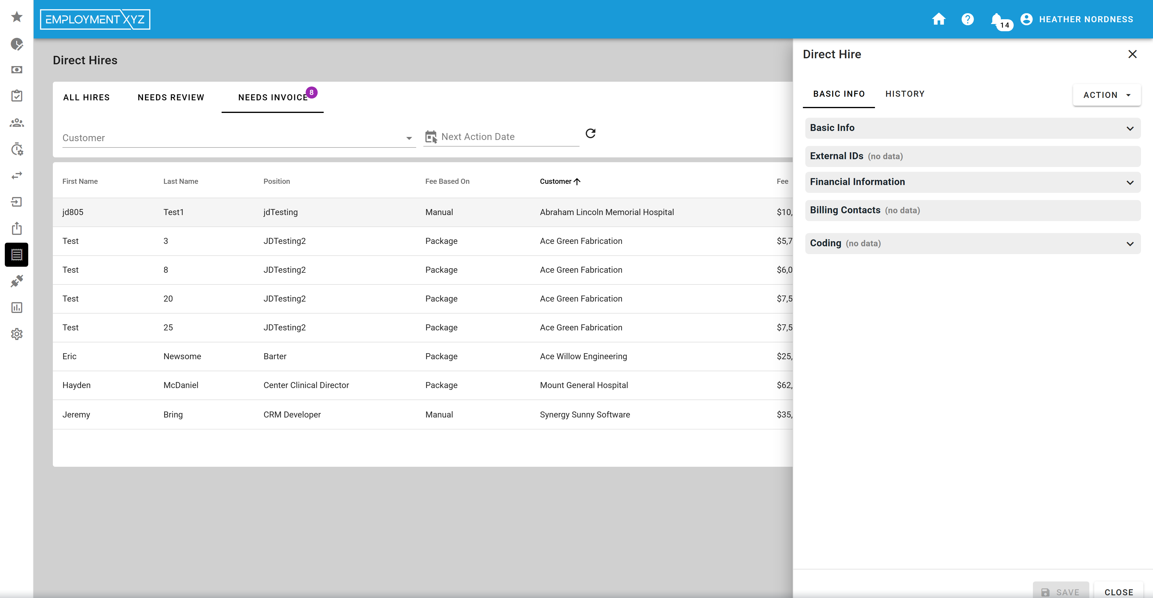 Najaxa direct hire detail with fee, salary, and invoice status