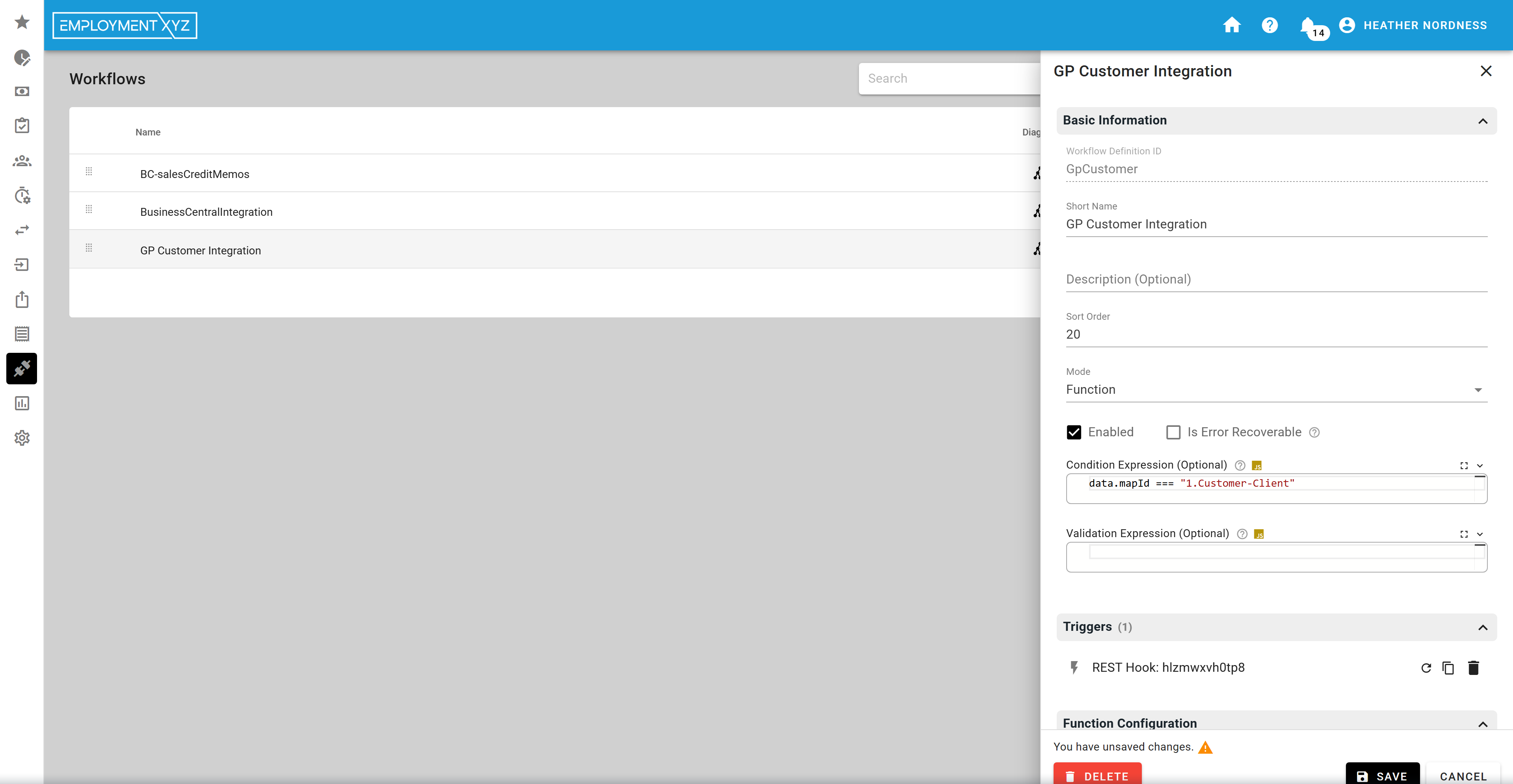 Workflow list with a definition, a condition, and a REST hook trigger