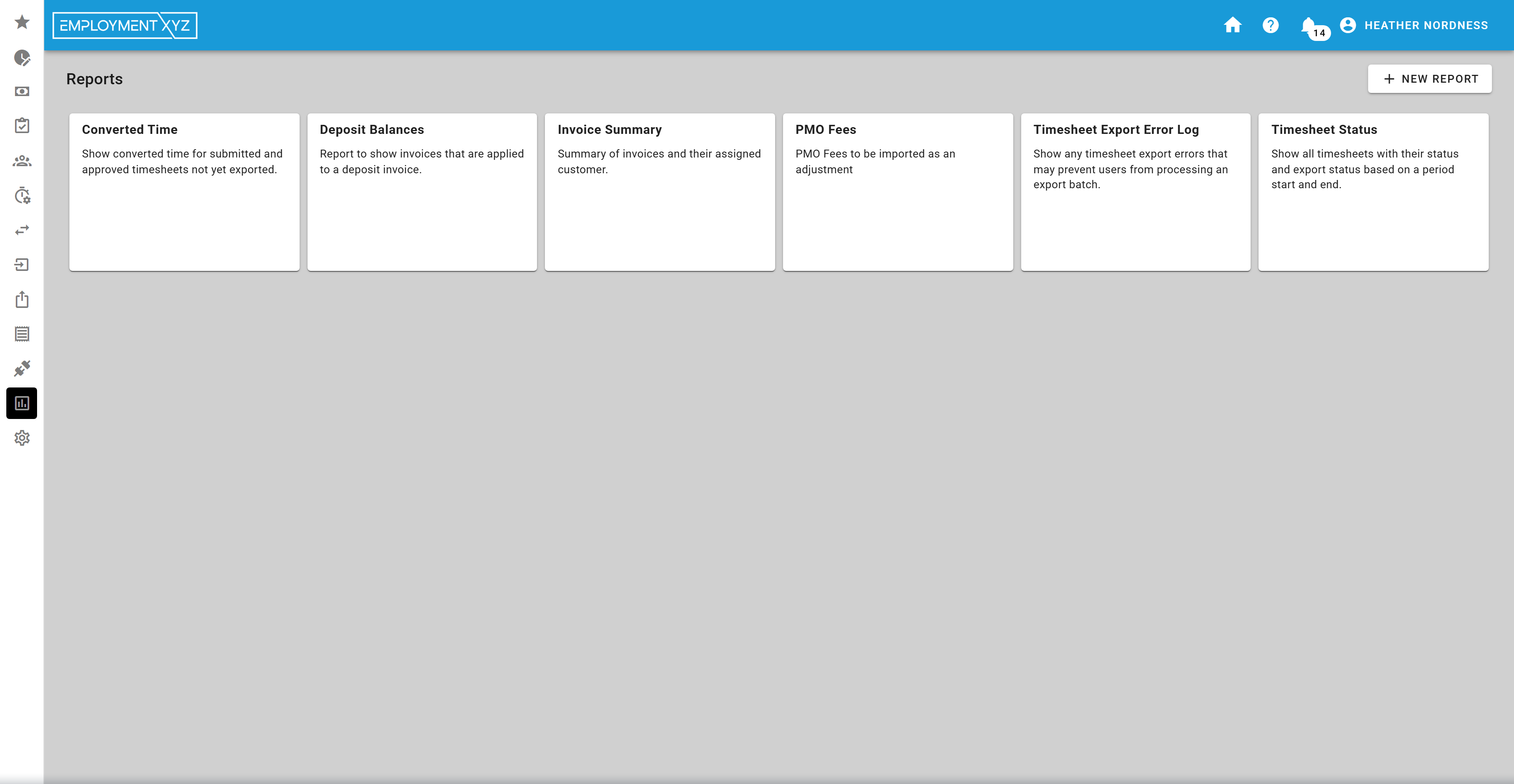 Najaxa report builder with columns, filters, and a results grid