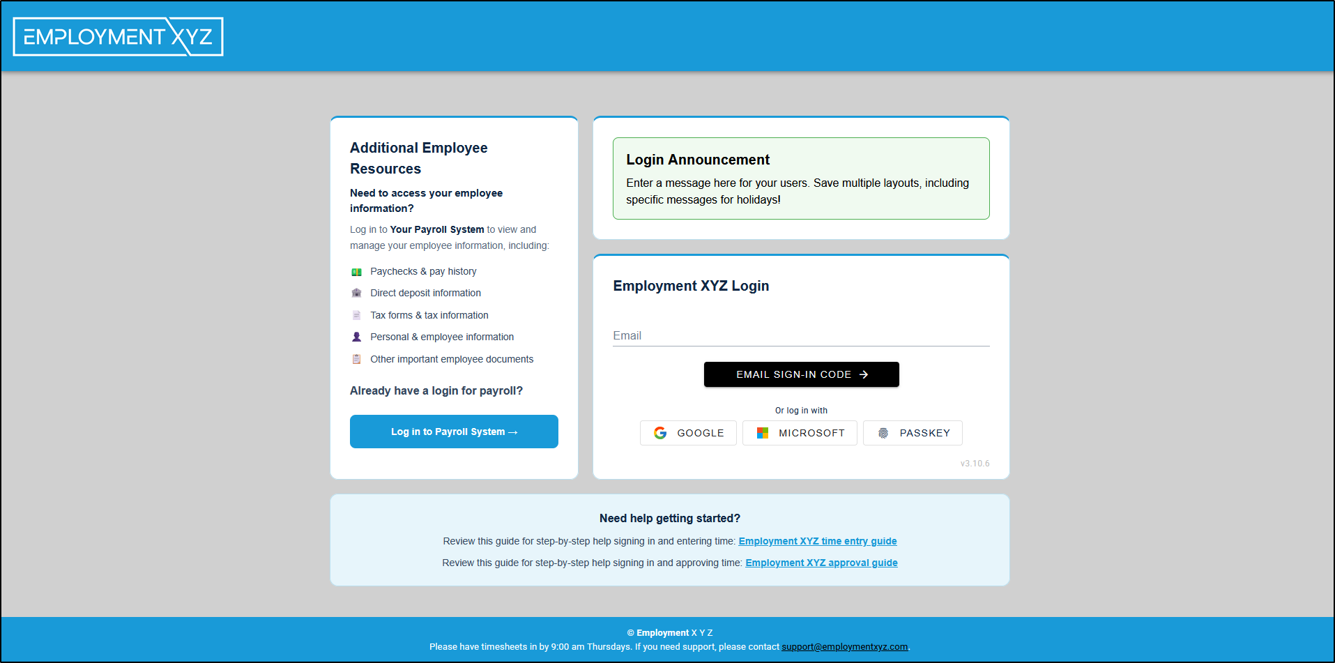 A login page branded for Employment XYZ, with the company header, a login announcement, and email, Google, Microsoft, and passkey sign-in
