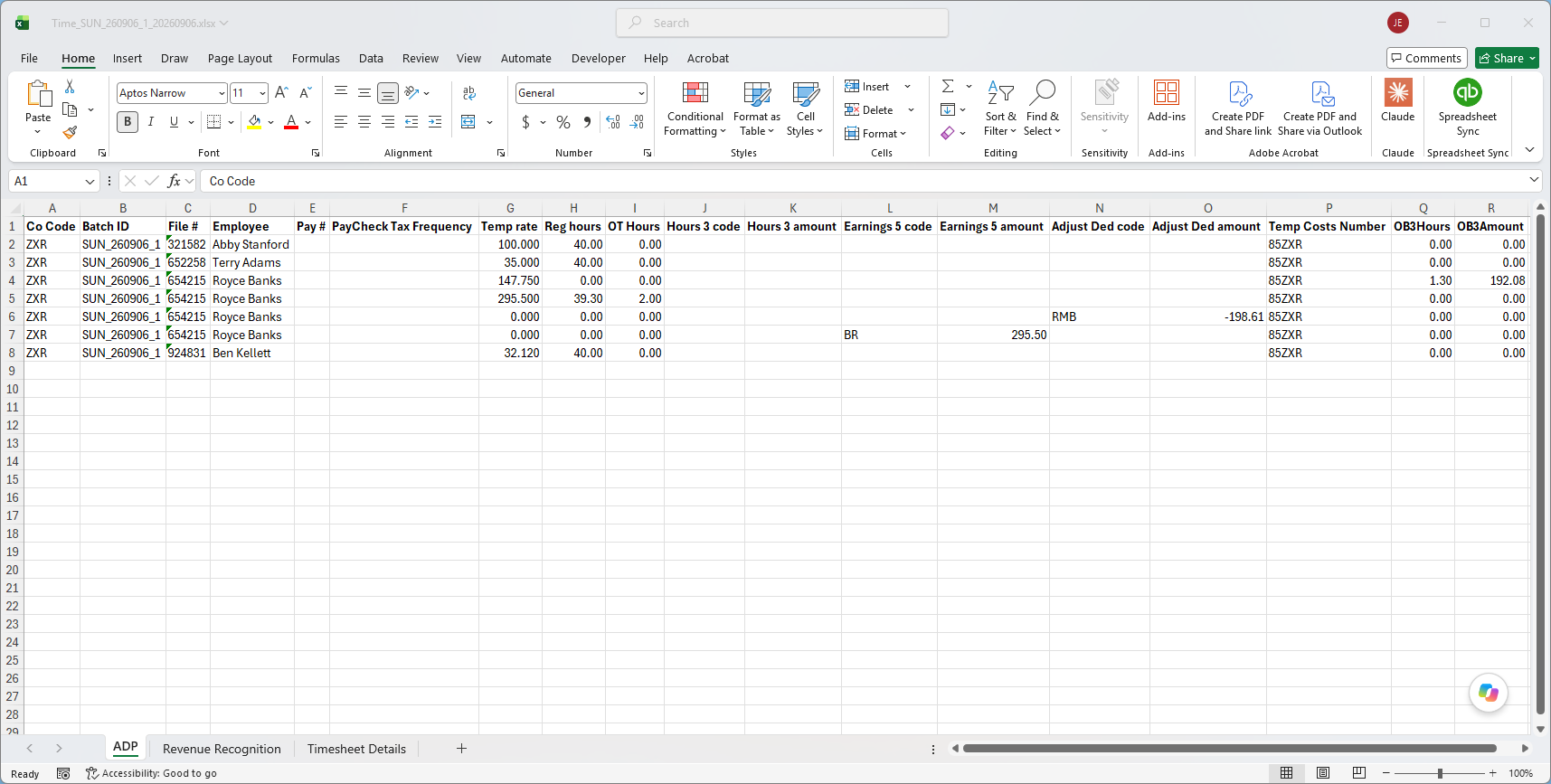 A gross pay export spreadsheet with employee hours, rates, and earnings codes