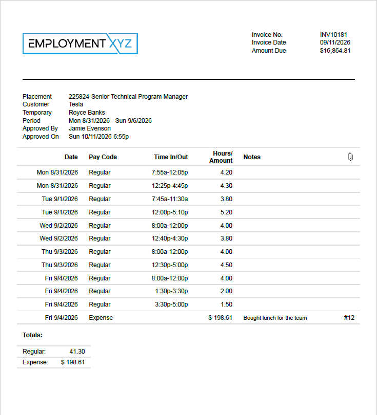 The timesheet attached to invoice INV10181, with punches, hours, and an expense