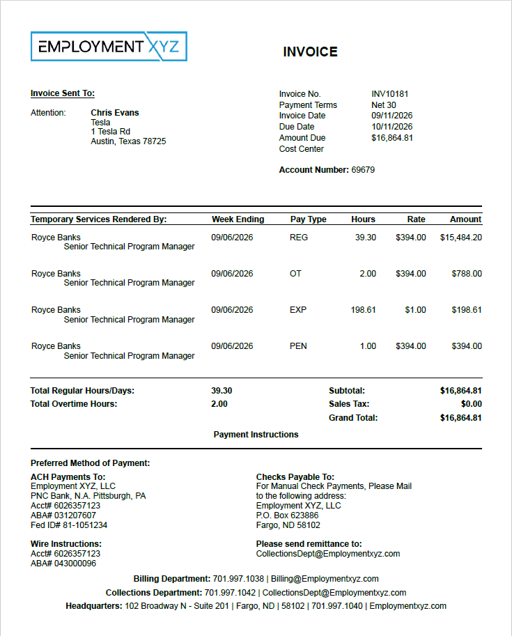The Employment XYZ invoice sent to Tesla for Royce Banks, with hours, rates, and payment instructions