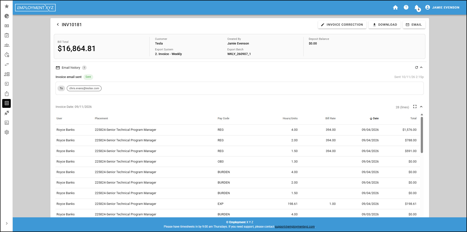 Invoice INV10181 in Middle Office, with the bill total, the lines, and the email marked sent