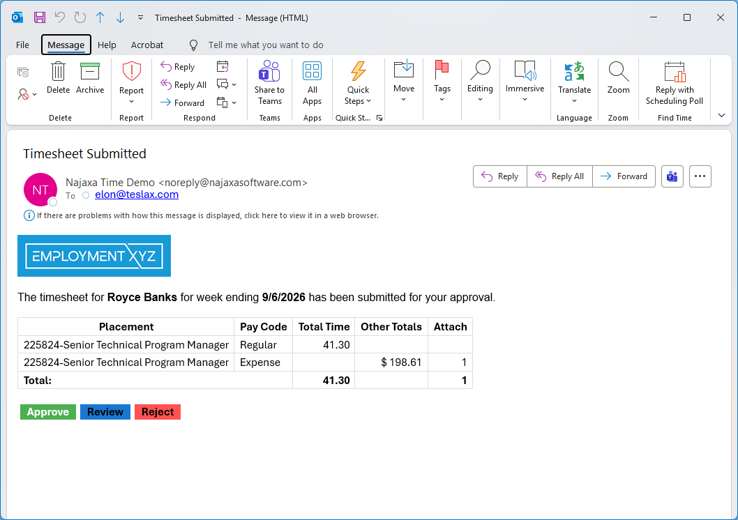 An email telling an approver a timesheet was submitted, with Approve, Review, and Reject