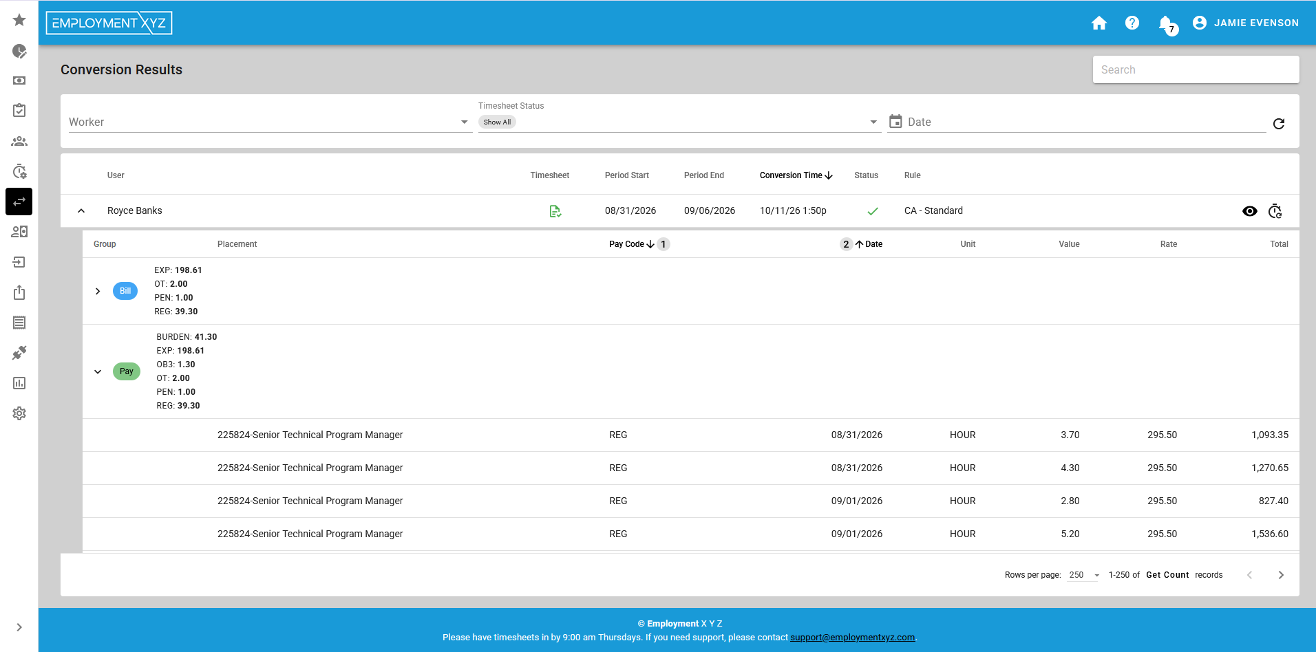 Conversion results with bill and pay lines expanded under the timesheet