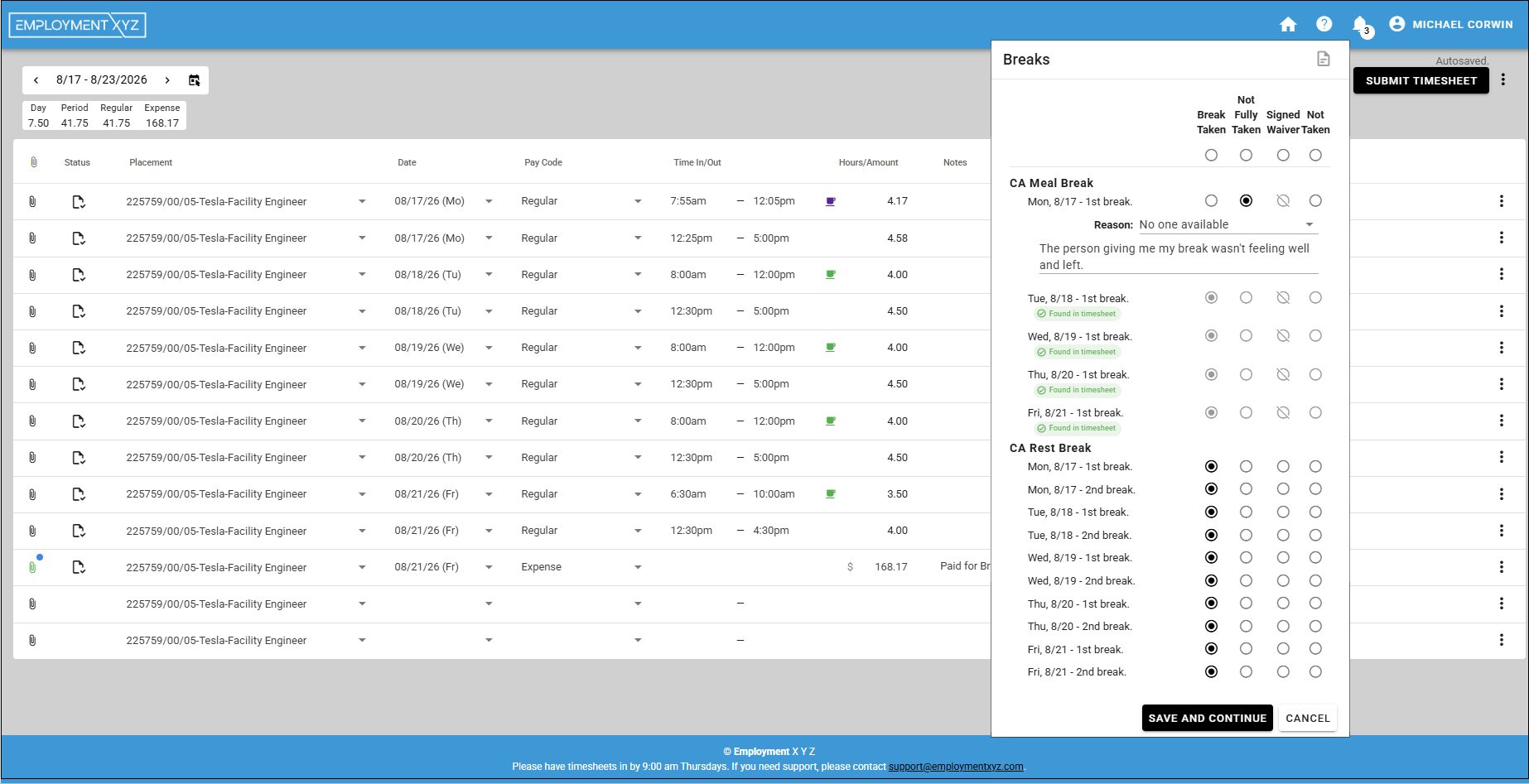 A timesheet with hours and an expense, and the meal and rest break panel open beside it